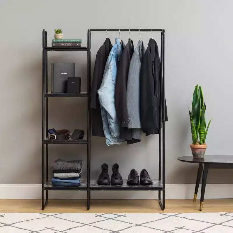Porte-vêtements autoportant en métal avec 5 étagères en bois marbré – Hauteur 151 cm, Noir
