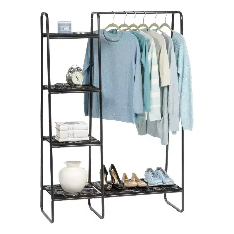 Porte-vêtements autoportant en métal avec 5 étagères en bois marbré – Hauteur 151 cm, Noir