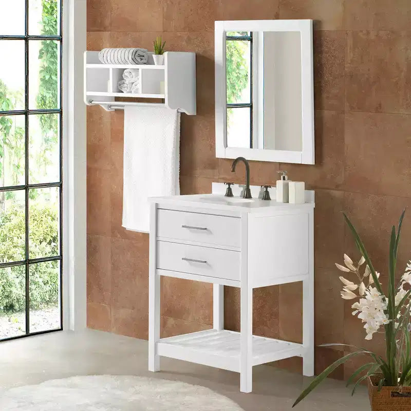 Meuble-lavabo de salle de bain en bois massif 24" avec étagère - Blanc, tiroir à fermeture amortie
