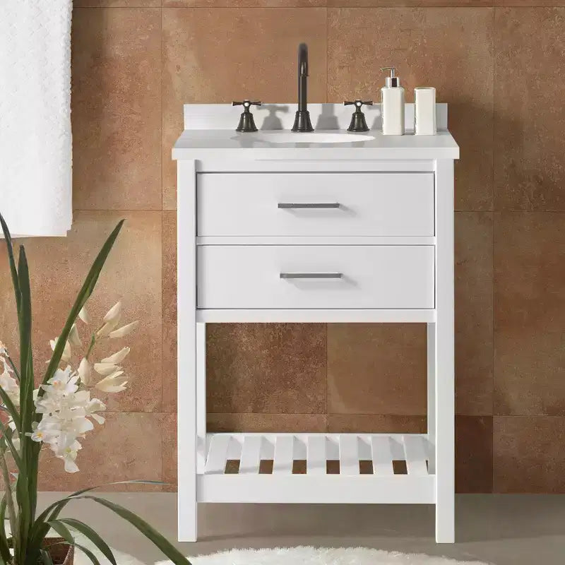 Meuble-lavabo de salle de bain en bois massif 24" avec étagère - Blanc, tiroir à fermeture amortie