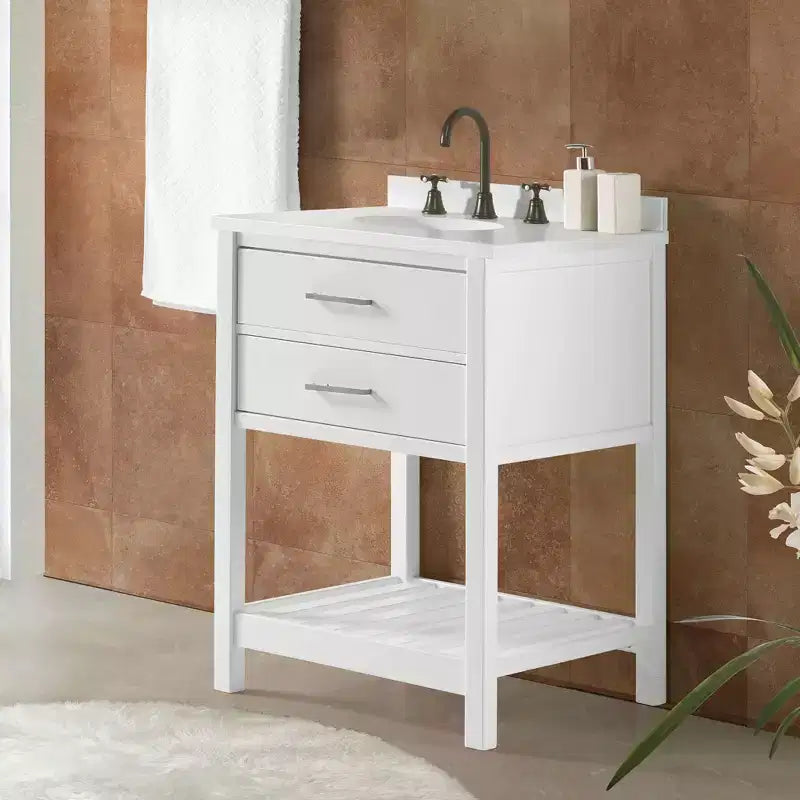 Meuble-lavabo de salle de bain en bois massif 24" avec étagère - Blanc, tiroir à fermeture amortie