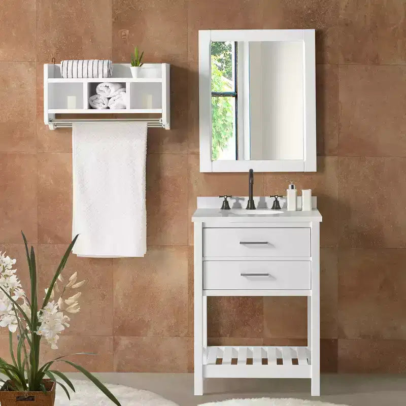 Meuble-lavabo de salle de bain en bois massif 24" avec étagère - Blanc, tiroir à fermeture amortie
