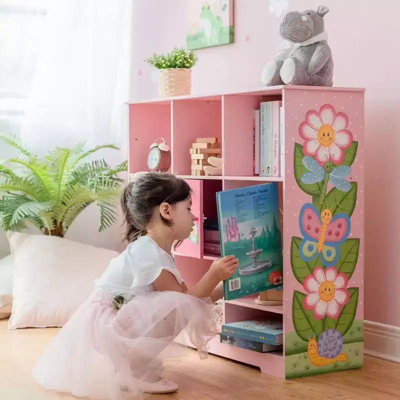 Étagère à Livres Modulable 3x3 pour Enfants avec Porte - Jardin Magique Rose, 9 Compartiments
