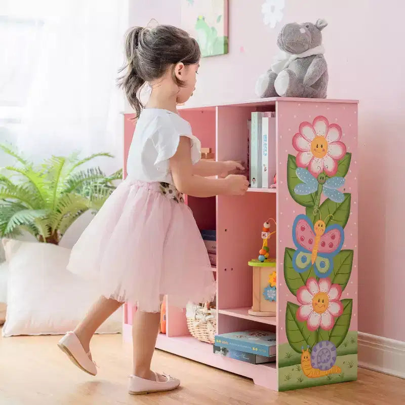 Étagère à Livres Modulable 3x3 pour Enfants avec Porte - Jardin Magique Rose, 9 Compartiments