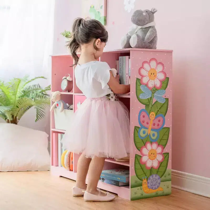 Étagère à Livres Modulable 3x3 pour Enfants avec Porte - Jardin Magique Rose, 9 Compartiments