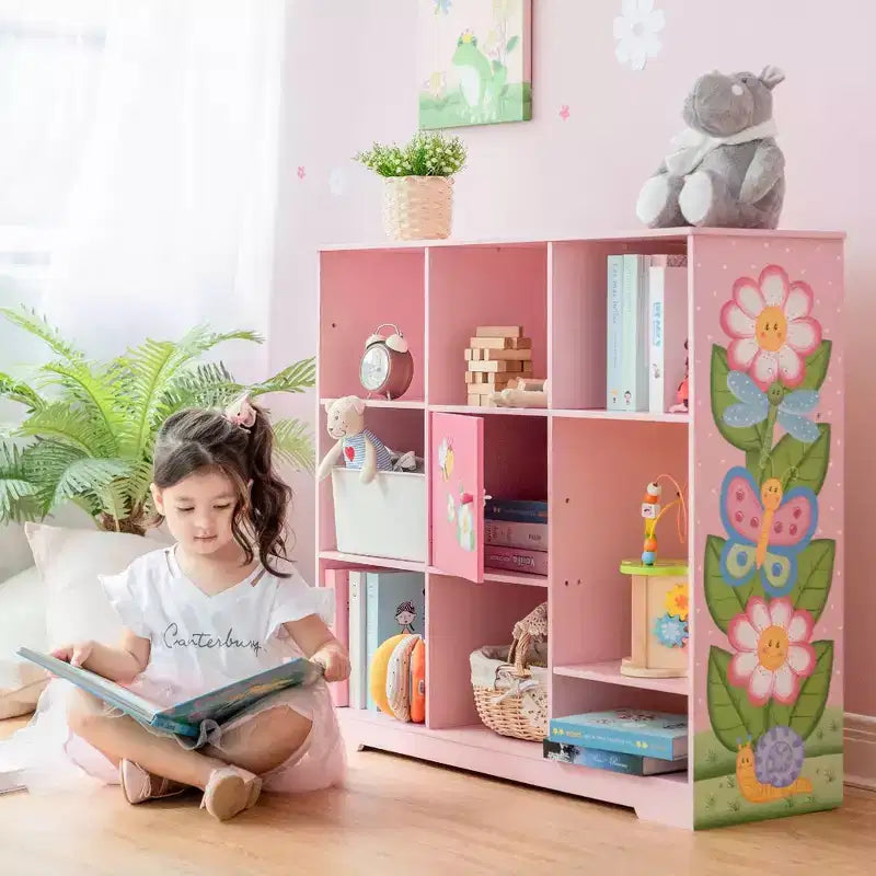 Étagère à Livres Modulable 3x3 pour Enfants avec Porte - Jardin Magique Rose, 9 Compartiments