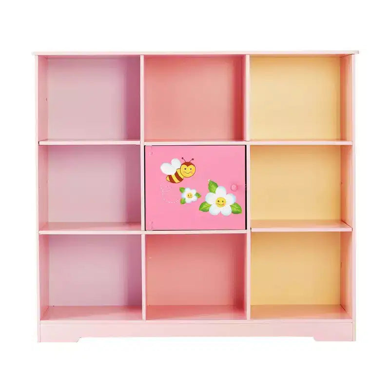 Étagère à Livres Modulable 3x3 pour Enfants avec Porte - Jardin Magique Rose, 9 Compartiments