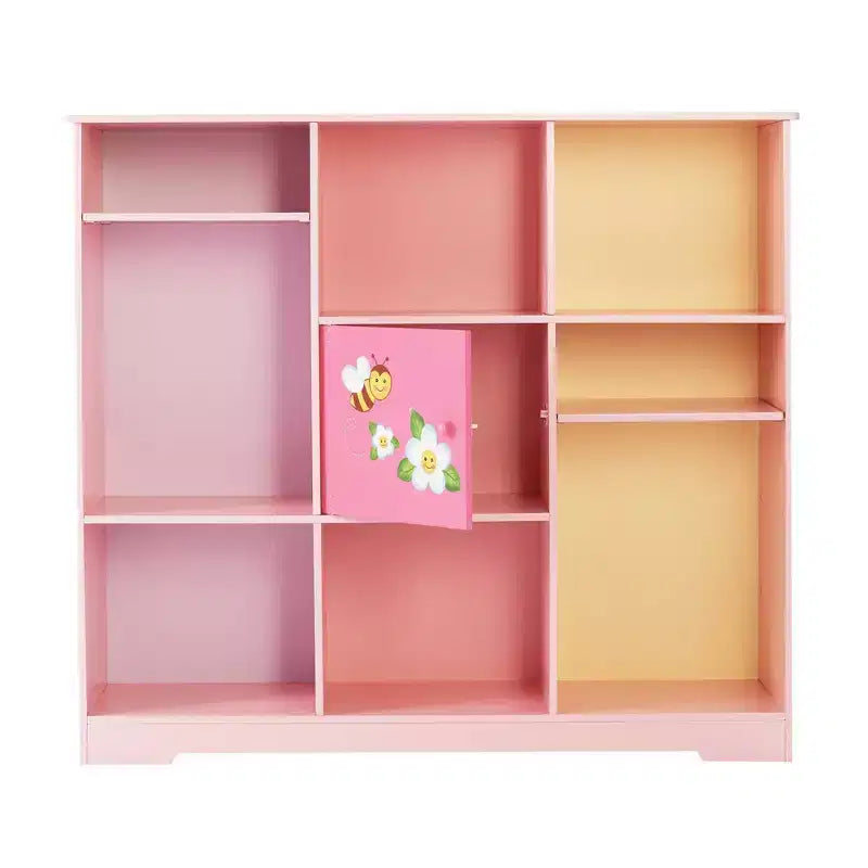 Étagère à Livres Modulable 3x3 pour Enfants avec Porte - Jardin Magique Rose, 9 Compartiments