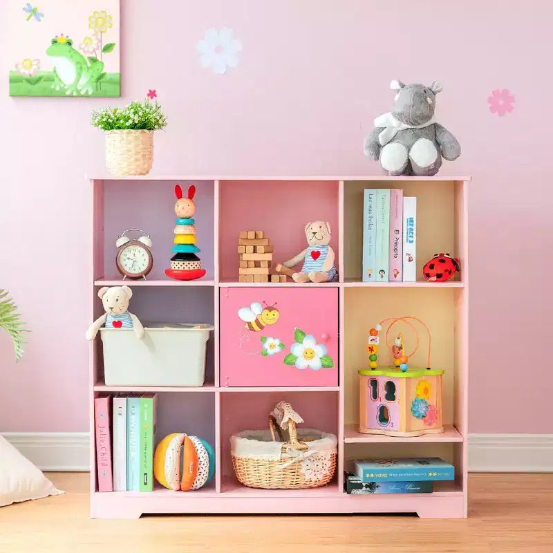 Étagère à Livres Modulable 3x3 pour Enfants avec Porte - Jardin Magique Rose, 9 Compartiments