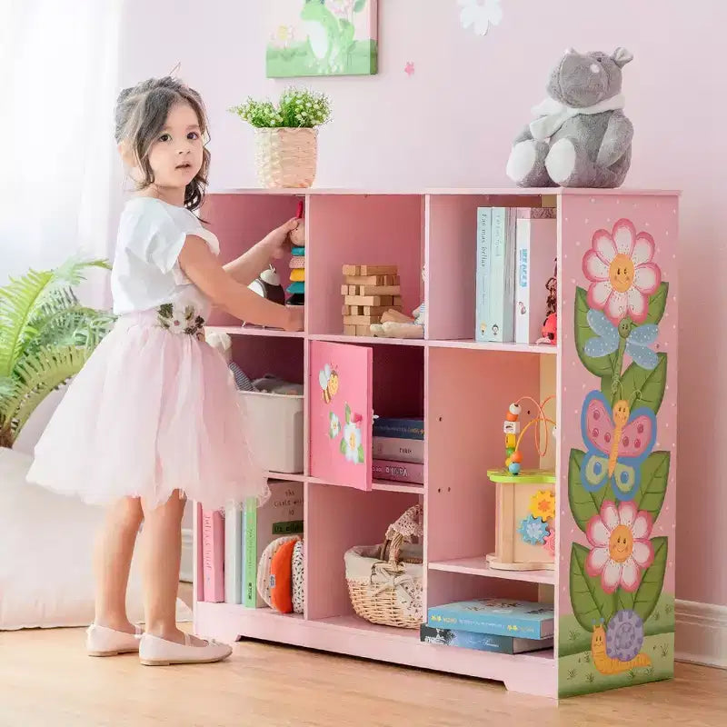 Étagère à Livres Modulable 3x3 pour Enfants avec Porte - Jardin Magique Rose, 9 Compartiments