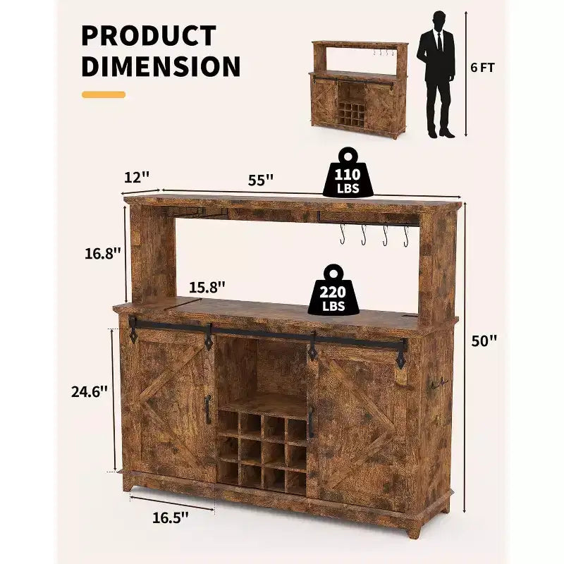 Meuble de bar à café de 55 pouces avec porte coulissante de style grange, éclairage d'affichage et concentrateur multifonction, porte-verres à vin pour salle à manger