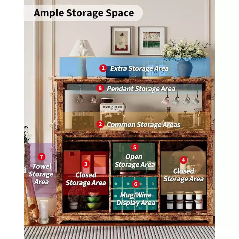 Meuble de bar à café de 55 pouces avec porte coulissante de style grange, éclairage d'affichage et concentrateur multifonction, porte-verres à vin pour salle à manger
