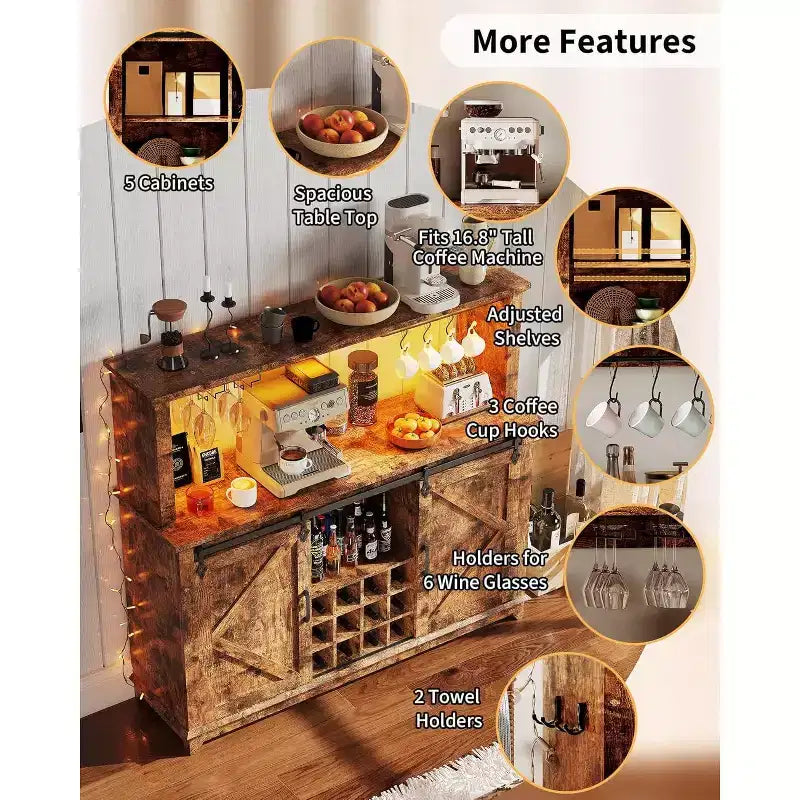 Meuble de bar à café de 55 pouces avec porte coulissante de style grange, éclairage d'affichage et concentrateur multifonction, porte-verres à vin pour salle à manger