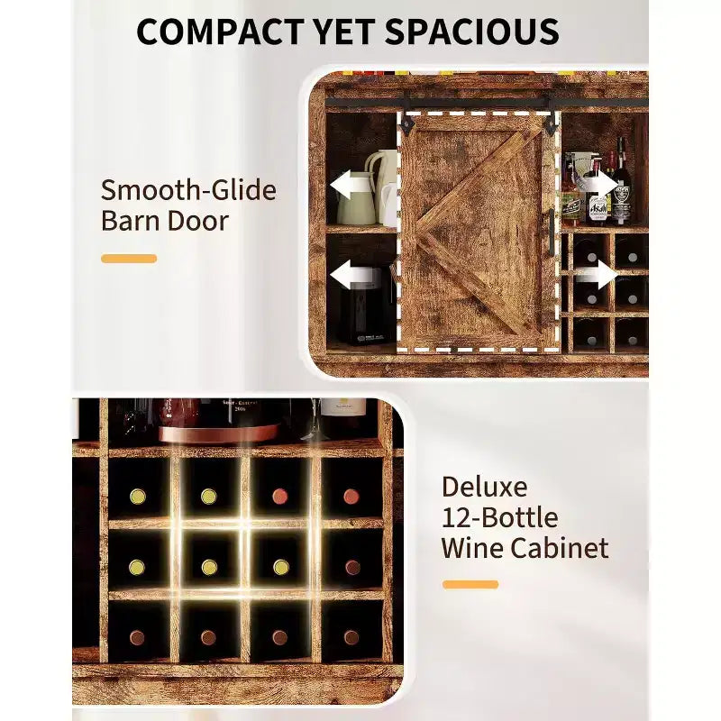 Meuble de bar à café de 55 pouces avec porte coulissante de style grange, éclairage d'affichage et concentrateur multifonction, porte-verres à vin pour salle à manger