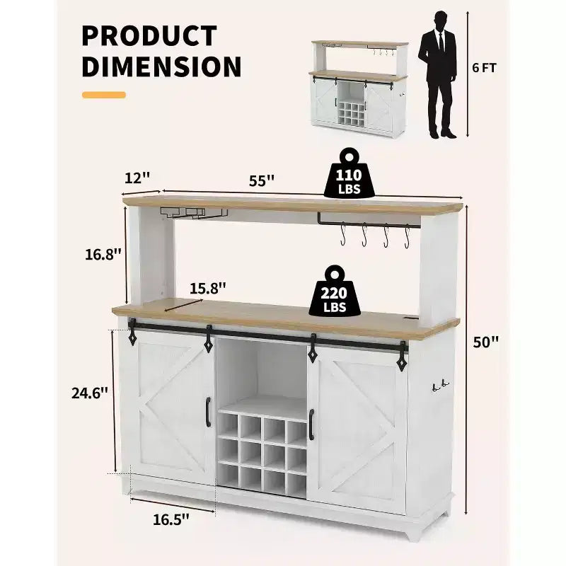 Meuble de bar à café de 55 pouces avec porte coulissante de style grange, éclairage d'affichage et concentrateur multifonction, porte-verres à vin pour salle à manger