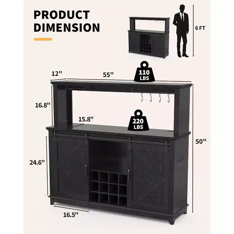 Meuble de bar à café de 55 pouces avec porte coulissante de style grange, éclairage d'affichage et concentrateur multifonction, porte-verres à vin pour salle à manger
