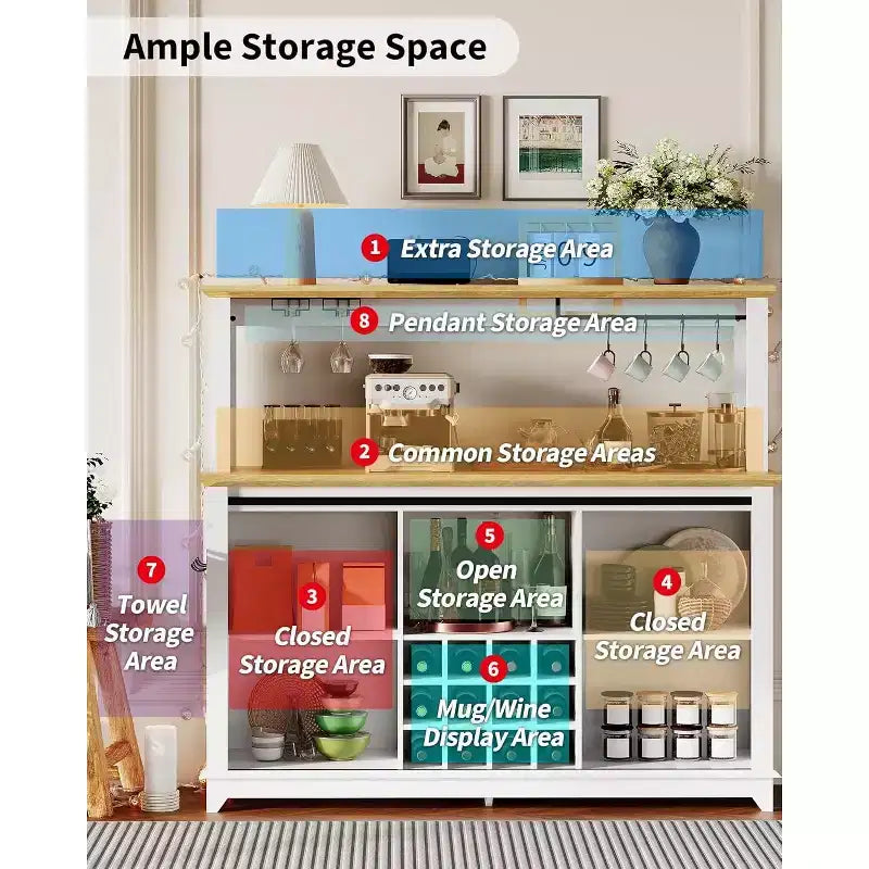 Meuble de bar à café de 55 pouces avec porte coulissante de style grange, éclairage d'affichage et concentrateur multifonction, porte-verres à vin pour salle à manger