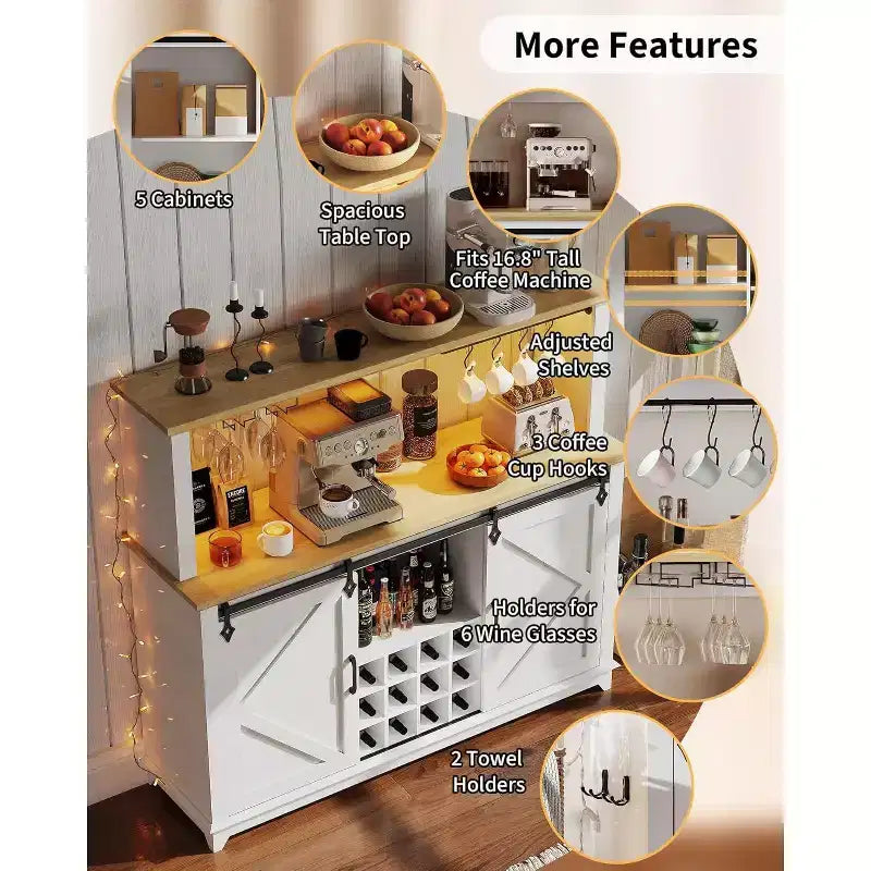Meuble de bar à café de 55 pouces avec porte coulissante de style grange, éclairage d'affichage et concentrateur multifonction, porte-verres à vin pour salle à manger