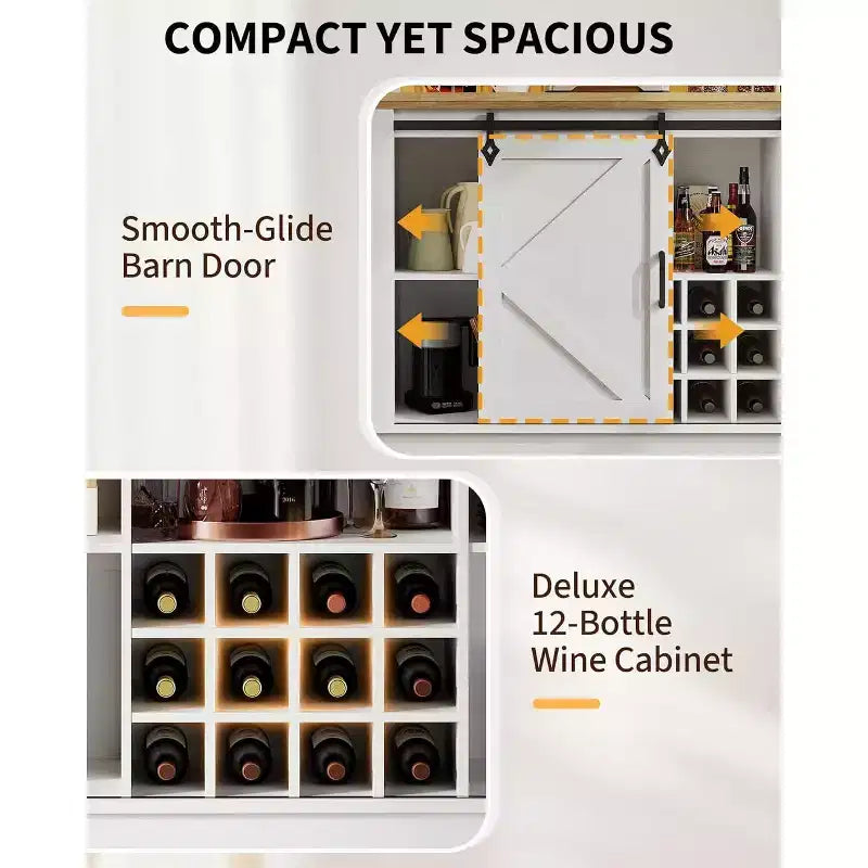 Meuble de bar à café de 55 pouces avec porte coulissante de style grange, éclairage d'affichage et concentrateur multifonction, porte-verres à vin pour salle à manger