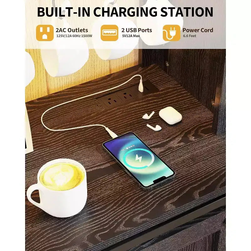 Meuble de bar à café de 55 pouces avec porte coulissante de style grange, éclairage d'affichage et concentrateur multifonction, porte-verres à vin pour salle à manger