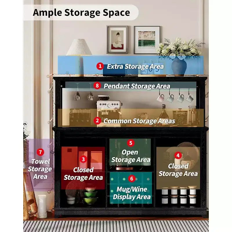 Meuble de bar à café de 55 pouces avec porte coulissante de style grange, éclairage d'affichage et concentrateur multifonction, porte-verres à vin pour salle à manger