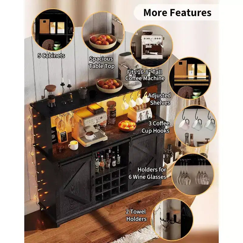 Meuble de bar à café de 55 pouces avec porte coulissante de style grange, éclairage d'affichage et concentrateur multifonction, porte-verres à vin pour salle à manger