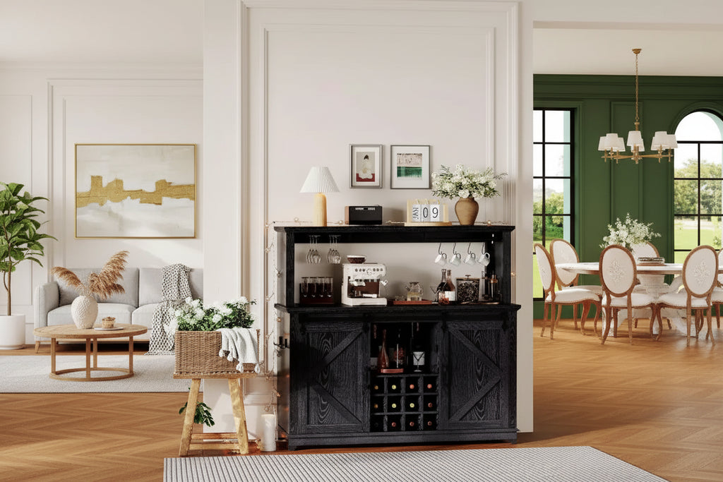 55 Inch Coffee Bar Cabinet with Sliding Barn Door, Display Lighting Design and Multi-Function Hub, Wine Glass Rack Storage for Dining Room