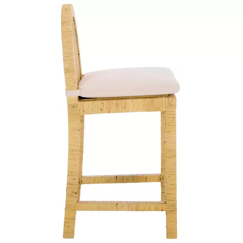 Tabouret de bar dossier rond en rotin – Bois de manguier et tapisserie blanche, 102 kg, Aucun assemblage requis