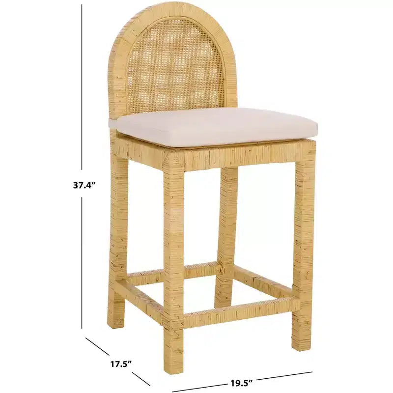 Tabouret de bar dossier rond en rotin – Bois de manguier et tapisserie blanche, 102 kg, Aucun assemblage requis