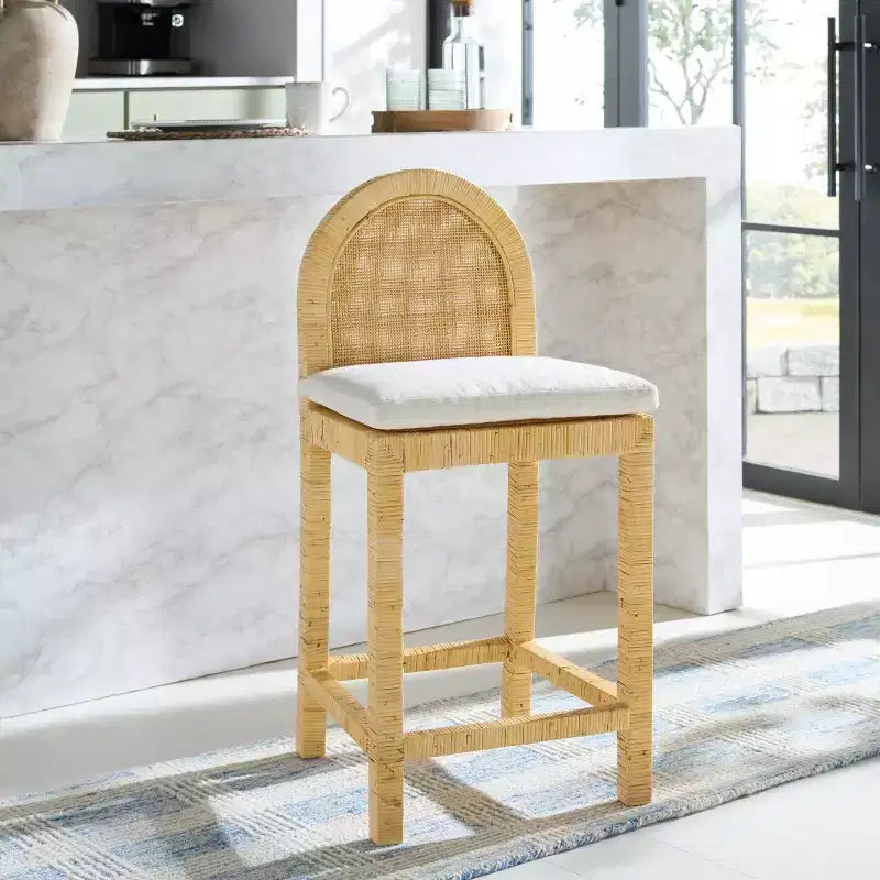 Tabouret de bar dossier rond en rotin – Bois de manguier et tapisserie blanche, 102 kg, Aucun assemblage requis