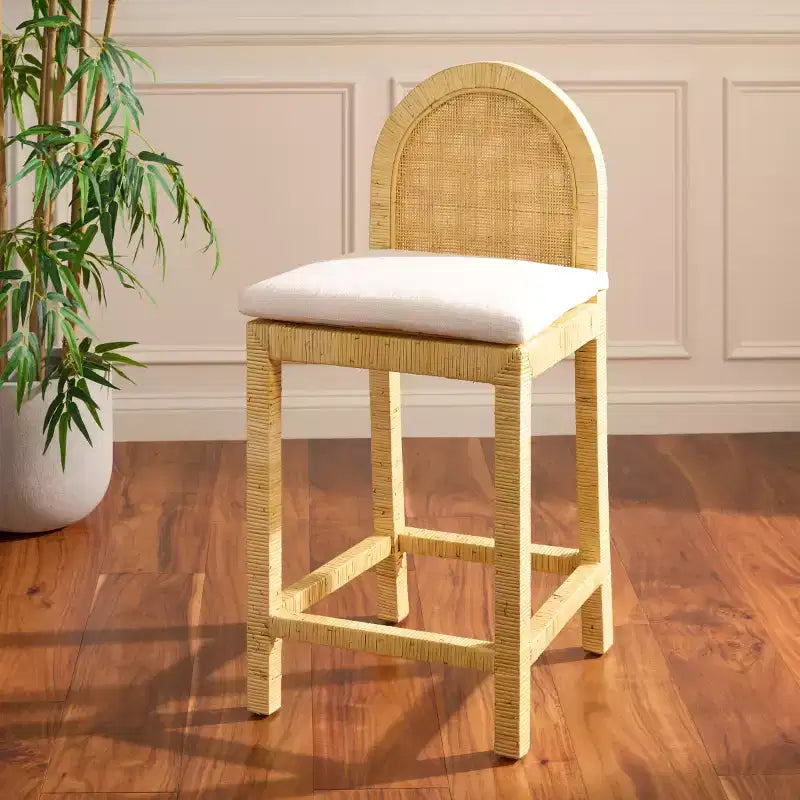 Tabouret de bar dossier rond en rotin – Bois de manguier et tapisserie blanche, 102 kg, Aucun assemblage requis