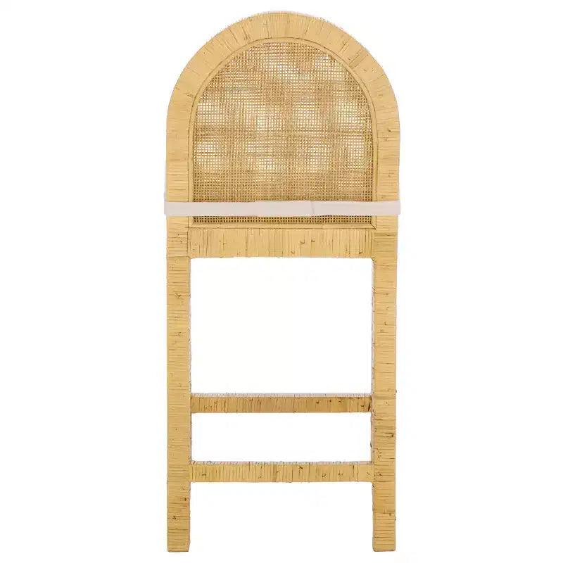 Tabouret de bar dossier rond en rotin – Bois de manguier et tapisserie blanche, 102 kg, Aucun assemblage requis