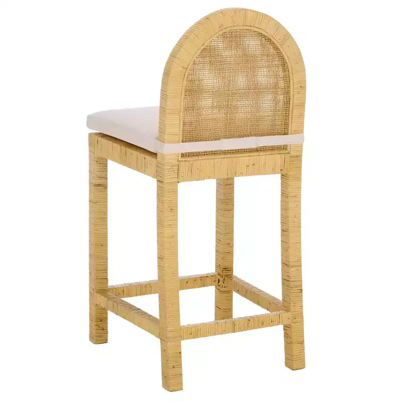 Tabouret de bar dossier rond en rotin – Bois de manguier et tapisserie blanche, 102 kg, Aucun assemblage requis