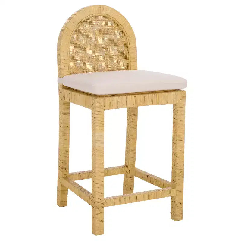 Tabouret de bar dossier rond en rotin – Bois de manguier et tapisserie blanche, 102 kg, Aucun assemblage requis