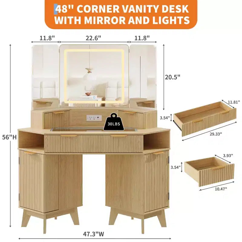 Coiffeuse d'angle cannelée de 48 pouces avec 3 miroirs, plateau en verre trempé, 3 tiroirs, 2 armoires et 2 étagères pour chambre à coucher ou dressing