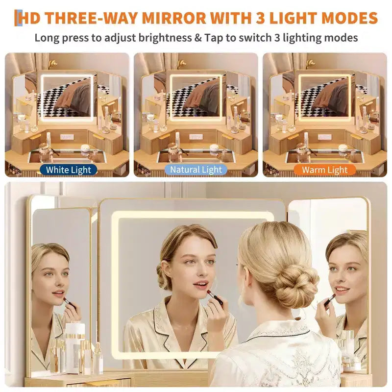 Coiffeuse d'angle cannelée de 48 pouces avec 3 miroirs, plateau en verre trempé, 3 tiroirs, 2 armoires et 2 étagères pour chambre à coucher ou dressing