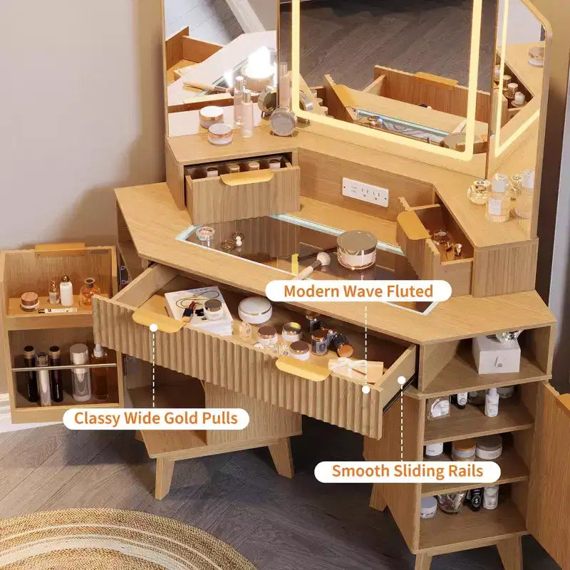 Coiffeuse d'angle cannelée de 48 pouces avec 3 miroirs, plateau en verre trempé, 3 tiroirs, 2 armoires et 2 étagères pour chambre à coucher ou dressing