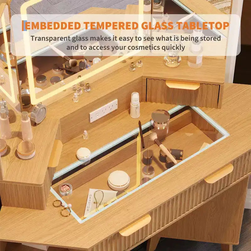 Coiffeuse d'angle cannelée de 48 pouces avec 3 miroirs, plateau en verre trempé, 3 tiroirs, 2 armoires et 2 étagères pour chambre à coucher ou dressing