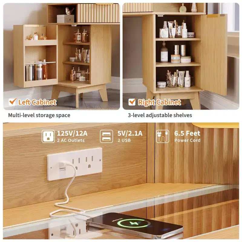 Coiffeuse d'angle cannelée de 48 pouces avec 3 miroirs, plateau en verre trempé, 3 tiroirs, 2 armoires et 2 étagères pour chambre à coucher ou dressing