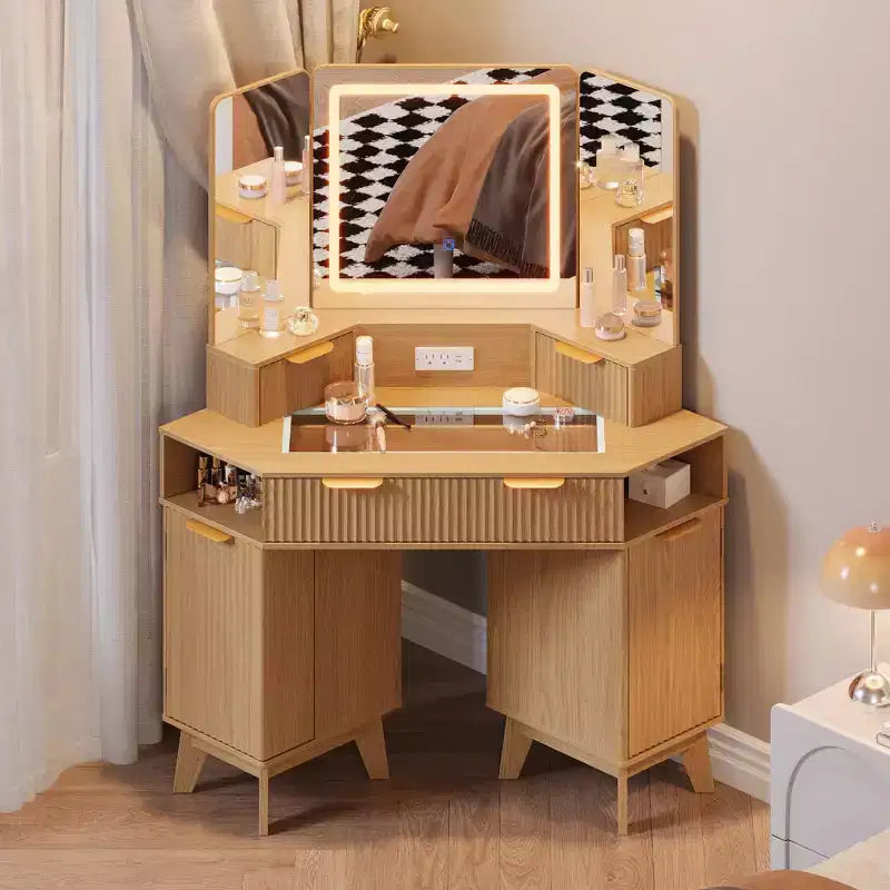 Coiffeuse d'angle cannelée de 48 pouces avec 3 miroirs, plateau en verre trempé, 3 tiroirs, 2 armoires et 2 étagères pour chambre à coucher ou dressing