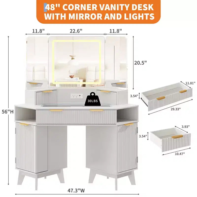Coiffeuse d'angle cannelée de 48 pouces avec 3 miroirs, plateau en verre trempé, 3 tiroirs, 2 armoires et 2 étagères pour chambre à coucher ou dressing