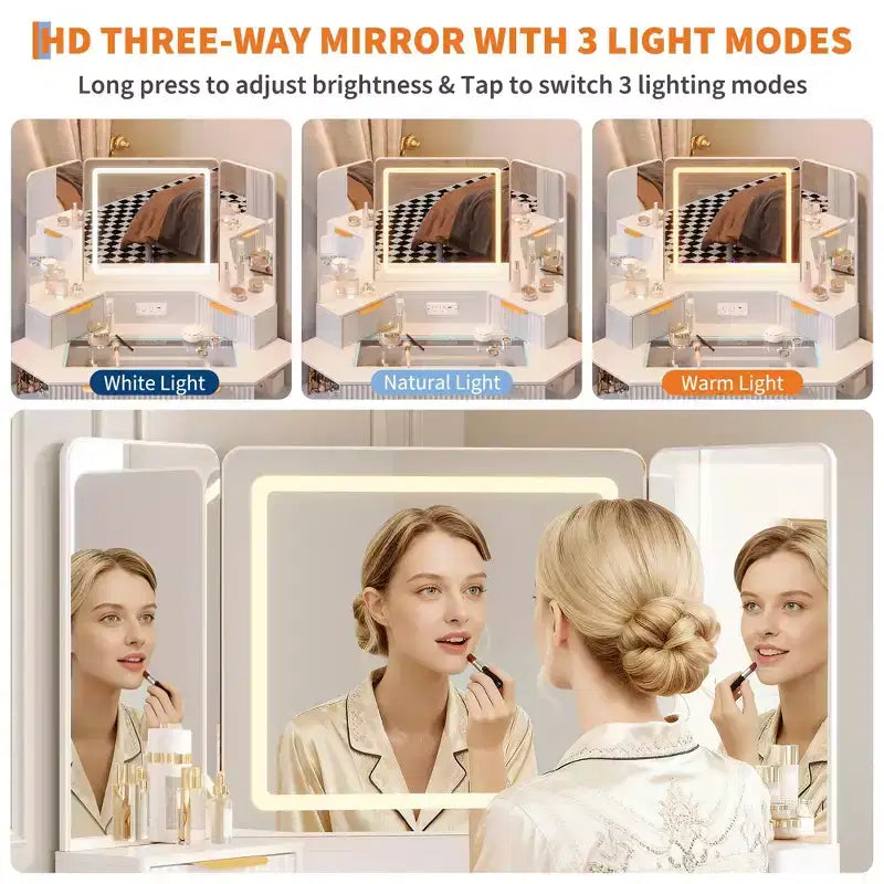 Coiffeuse d'angle cannelée de 48 pouces avec 3 miroirs, plateau en verre trempé, 3 tiroirs, 2 armoires et 2 étagères pour chambre à coucher ou dressing