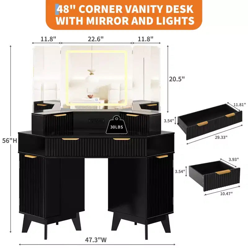 Coiffeuse d'angle cannelée de 48 pouces avec 3 miroirs, plateau en verre trempé, 3 tiroirs, 2 armoires et 2 étagères pour chambre à coucher ou dressing