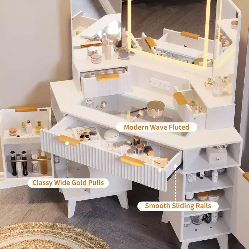 Coiffeuse d'angle cannelée de 48 pouces avec 3 miroirs, plateau en verre trempé, 3 tiroirs, 2 armoires et 2 étagères pour chambre à coucher ou dressing