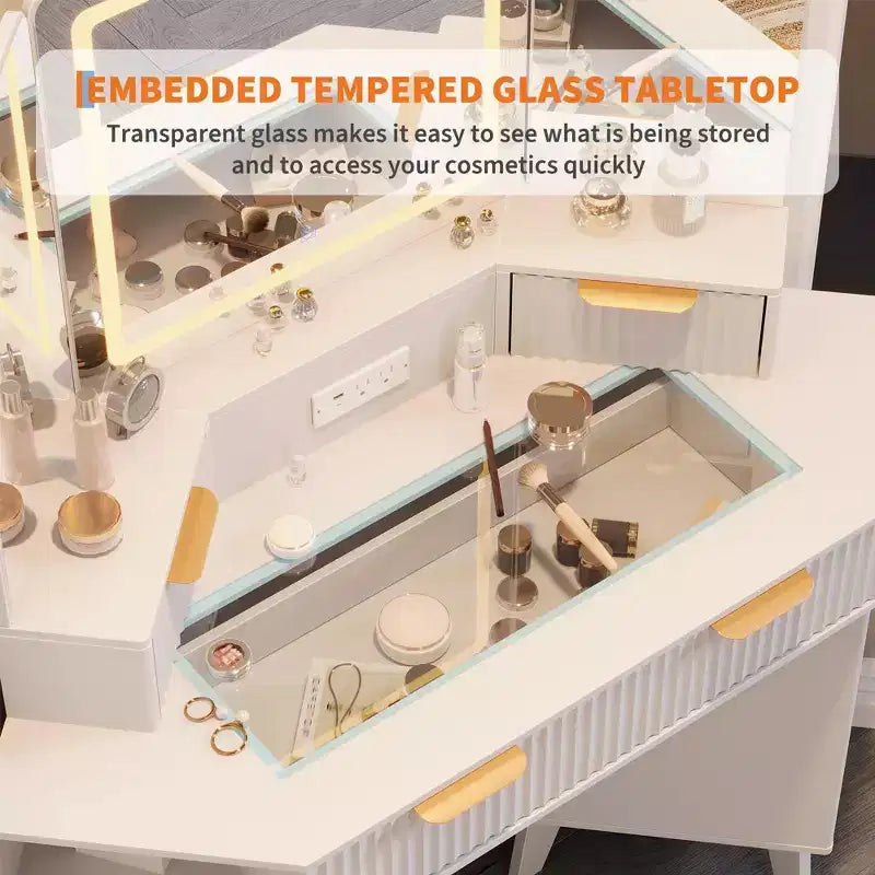 Coiffeuse d'angle cannelée de 48 pouces avec 3 miroirs, plateau en verre trempé, 3 tiroirs, 2 armoires et 2 étagères pour chambre à coucher ou dressing