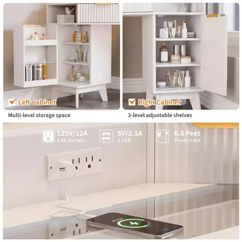 Coiffeuse d'angle cannelée de 48 pouces avec 3 miroirs, plateau en verre trempé, 3 tiroirs, 2 armoires et 2 étagères pour chambre à coucher ou dressing