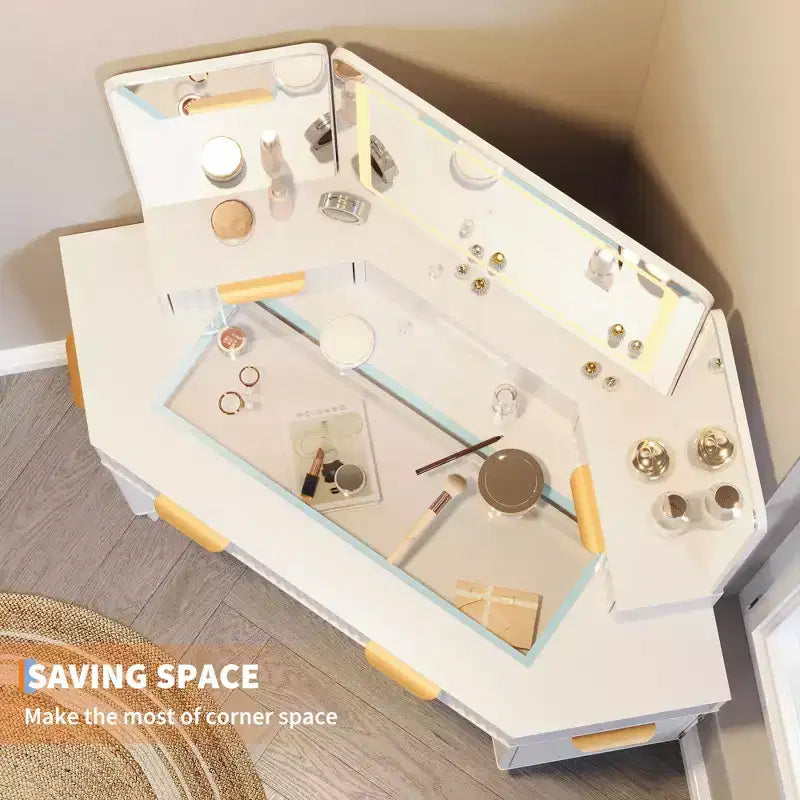 Coiffeuse d'angle cannelée de 48 pouces avec 3 miroirs, plateau en verre trempé, 3 tiroirs, 2 armoires et 2 étagères pour chambre à coucher ou dressing