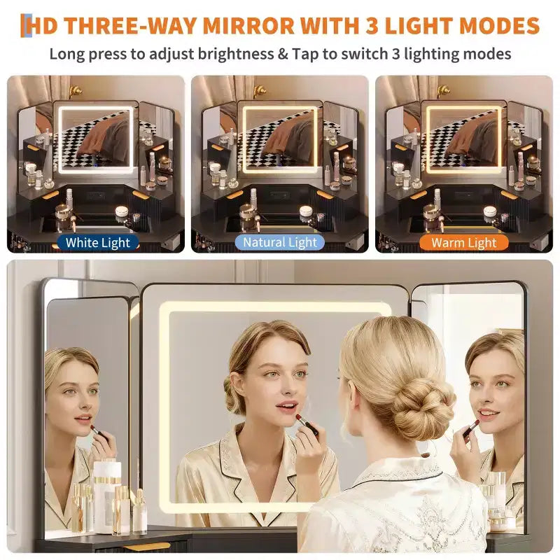 Coiffeuse d'angle cannelée de 48 pouces avec 3 miroirs, plateau en verre trempé, 3 tiroirs, 2 armoires et 2 étagères pour chambre à coucher ou dressing