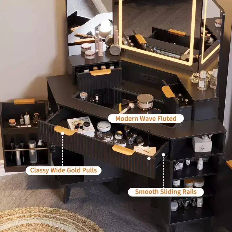 Coiffeuse d'angle cannelée de 48 pouces avec 3 miroirs, plateau en verre trempé, 3 tiroirs, 2 armoires et 2 étagères pour chambre à coucher ou dressing