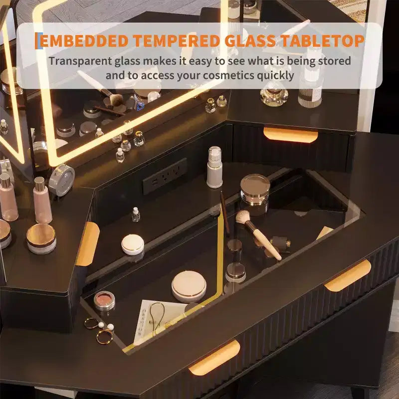 Coiffeuse d'angle cannelée de 48 pouces avec 3 miroirs, plateau en verre trempé, 3 tiroirs, 2 armoires et 2 étagères pour chambre à coucher ou dressing